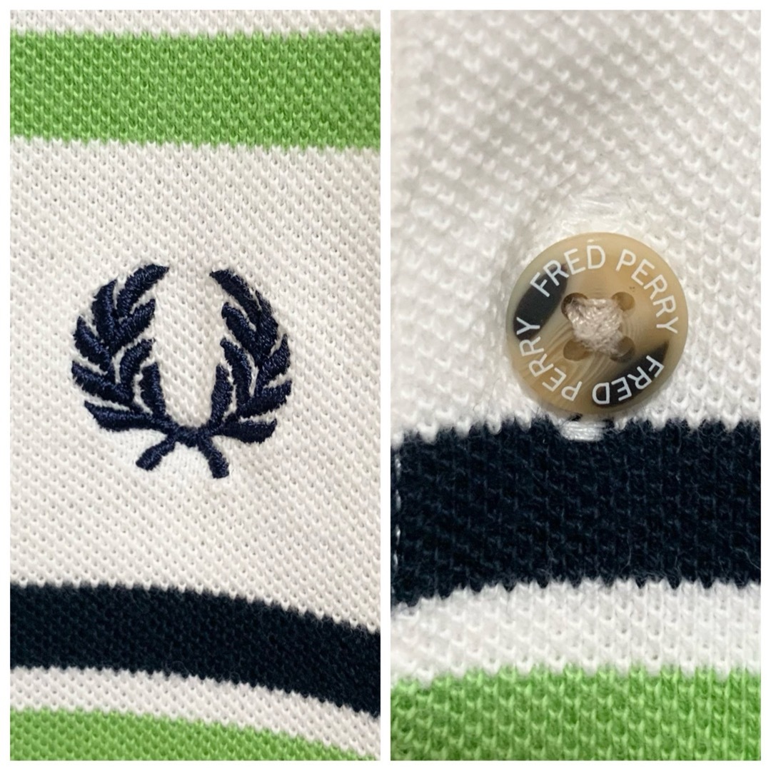 FRED PERRY(フレッドペリー)のフレッドペリー ポロシャツ メンズS ボーダー 白 緑 紺 ロゴ メンズのトップス(ポロシャツ)の商品写真