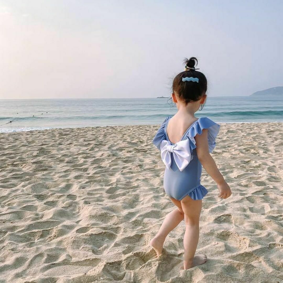 バックリボン　スイムウェア　100cm　フリル　ブルー　水着　韓国子供服　女の子 キッズ/ベビー/マタニティのキッズ服女の子用(90cm~)(水着)の商品写真