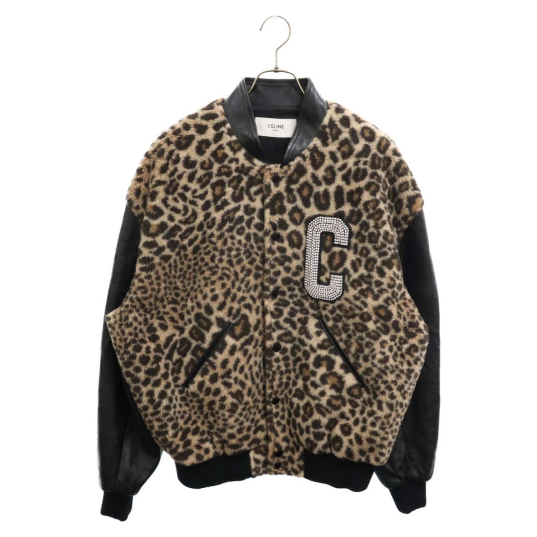 celine(セリーヌ)のCELINE セリーヌ TEDDY JACKET エンブロイダリーパッチ テディジャケット レオパードプリント フリース 袖レザー ラインストーン 2V22L823R ベージュ/ブラック メンズのジャケット/アウター(フライトジャケット)の商品写真