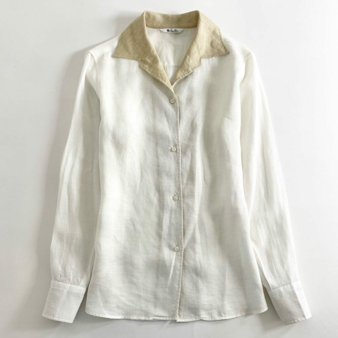 LORO PIANA(ロロピアーナ)の53e1 Loro Piana ロロピアーナ オープンカラー リネンシャツ 42 ホワイト ベージュ LINEN 100％ 長袖 イタリア製 麻 春夏 SHIRT レディースのトップス(シャツ/ブラウス(長袖/七分))の商品写真