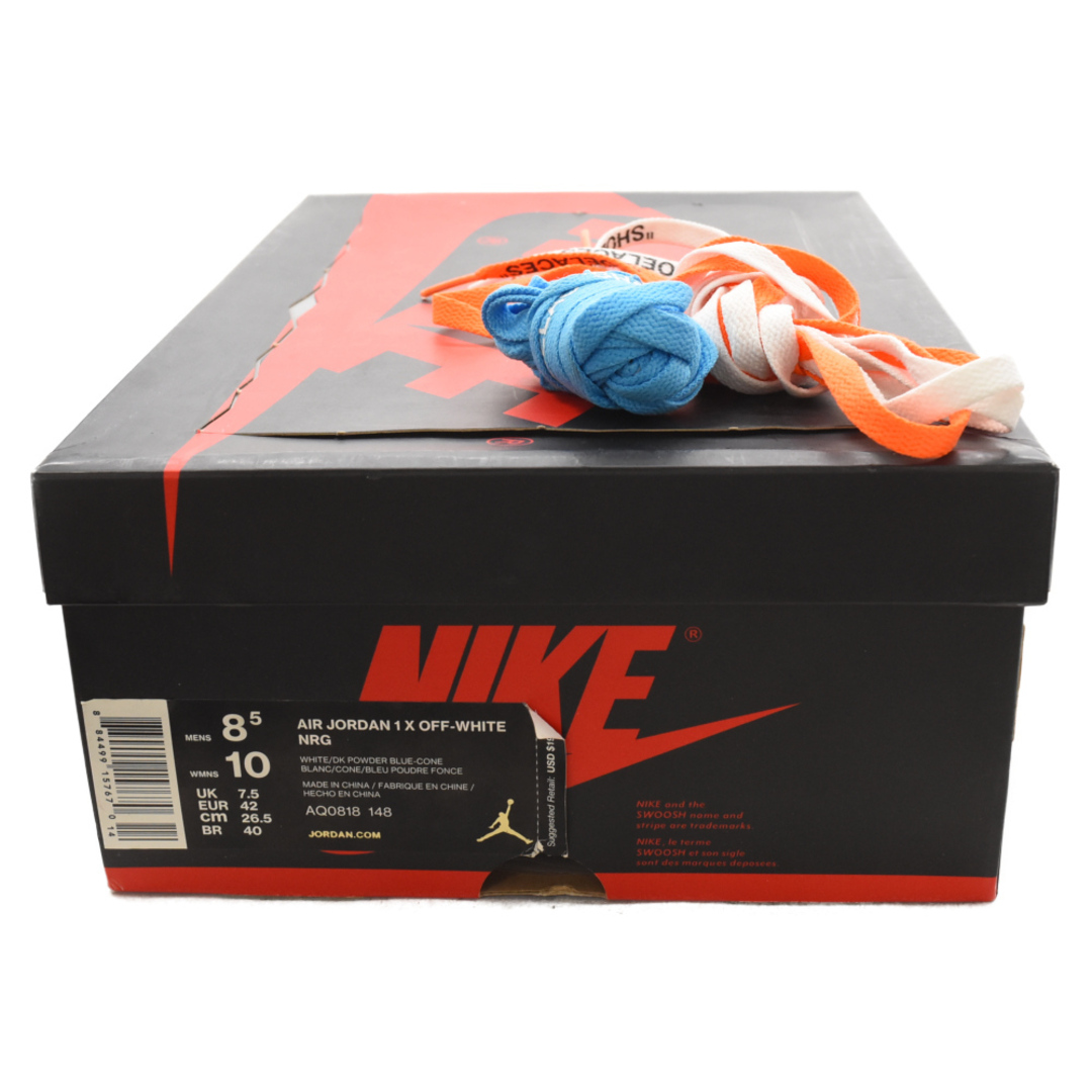 NIKE(ナイキ)のNIKE ナイキ ×OFF-WHITE AIR JORDAN 1 POWDER BLUE UNC オフホワイト エアジョーダン1 パウダーブルー ハイカットスニーカー ホワイト/ブルー AQ0818-148 US8.5/26.5cm メンズの靴/シューズ(スニーカー)の商品写真