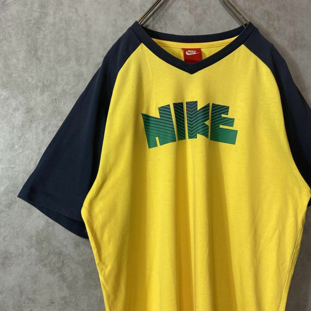 NIKE(ナイキ)の【リンガーTシャツ、ゴツナイキ】NIKEビッグロゴ古着ストリート黄　Y2K半袖 メンズのトップス(Tシャツ/カットソー(半袖/袖なし))の商品写真