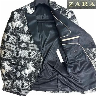 ザラ(ZARA)のJ7059 美品 ZARA MAN 総柄 馬柄タキシードジャケット 黒×白 54(テーラードジャケット)