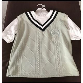 新品　半袖　140 重ね着　ベスト風　重ね着Tシャツ　大人気　緑(Tシャツ/カットソー)