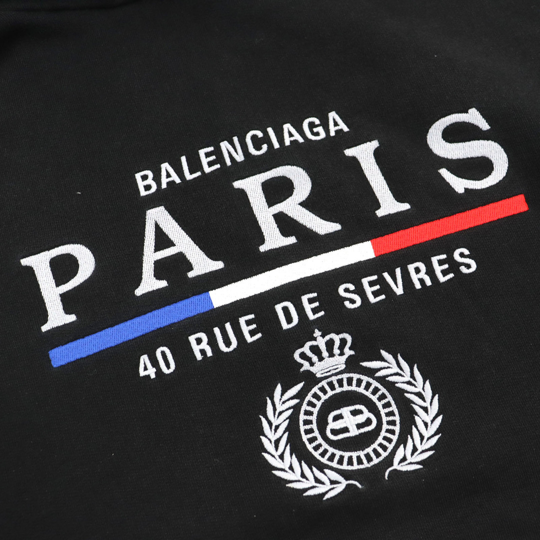 Balenciaga(バレンシアガ)の【ドンドン見直し】良品○BALENCIAGA バレンシアガ 570811 PARIS FLAG HOODIE コットン100% ロゴ/BBクラウン刺繍入り プルオーバー パーカー ブラック S 正規品 メンズ メンズのトップス(パーカー)の商品写真