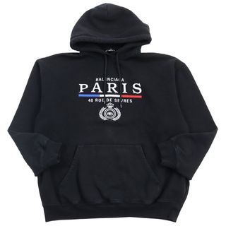 バレンシアガ(Balenciaga)の【ドンドン見直し】良品○BALENCIAGA バレンシアガ 570811 PARIS FLAG HOODIE コットン100% ロゴ/BBクラウン刺繍入り プルオーバー パーカー ブラック S 正規品 メンズ(パーカー)