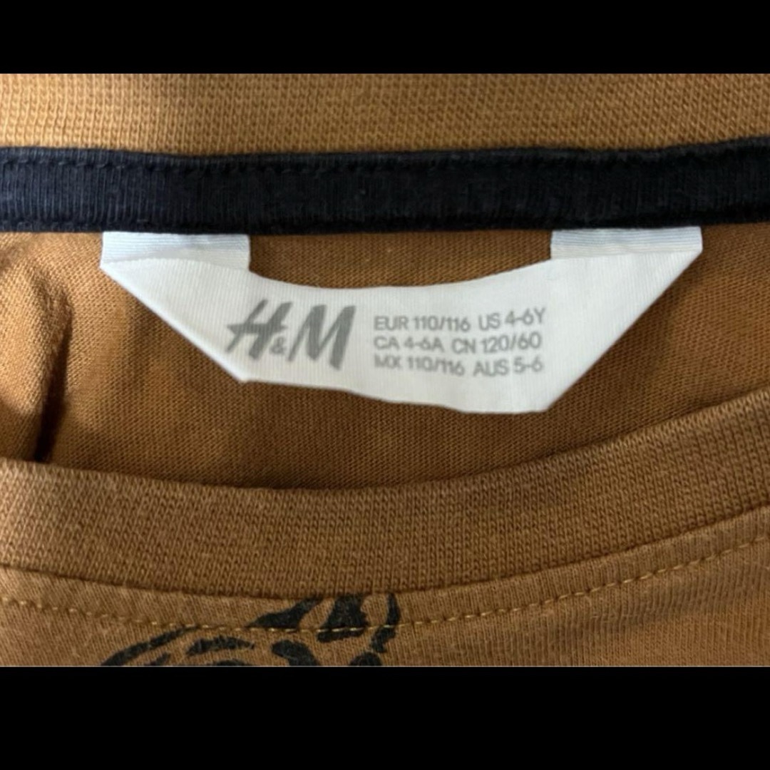 H&M(エイチアンドエム)のH&Mキッズ110〜120トラ柄半袖Tシャツ虎タイガー総柄ブラウン系茶 キッズ/ベビー/マタニティのキッズ服男の子用(90cm~)(Tシャツ/カットソー)の商品写真