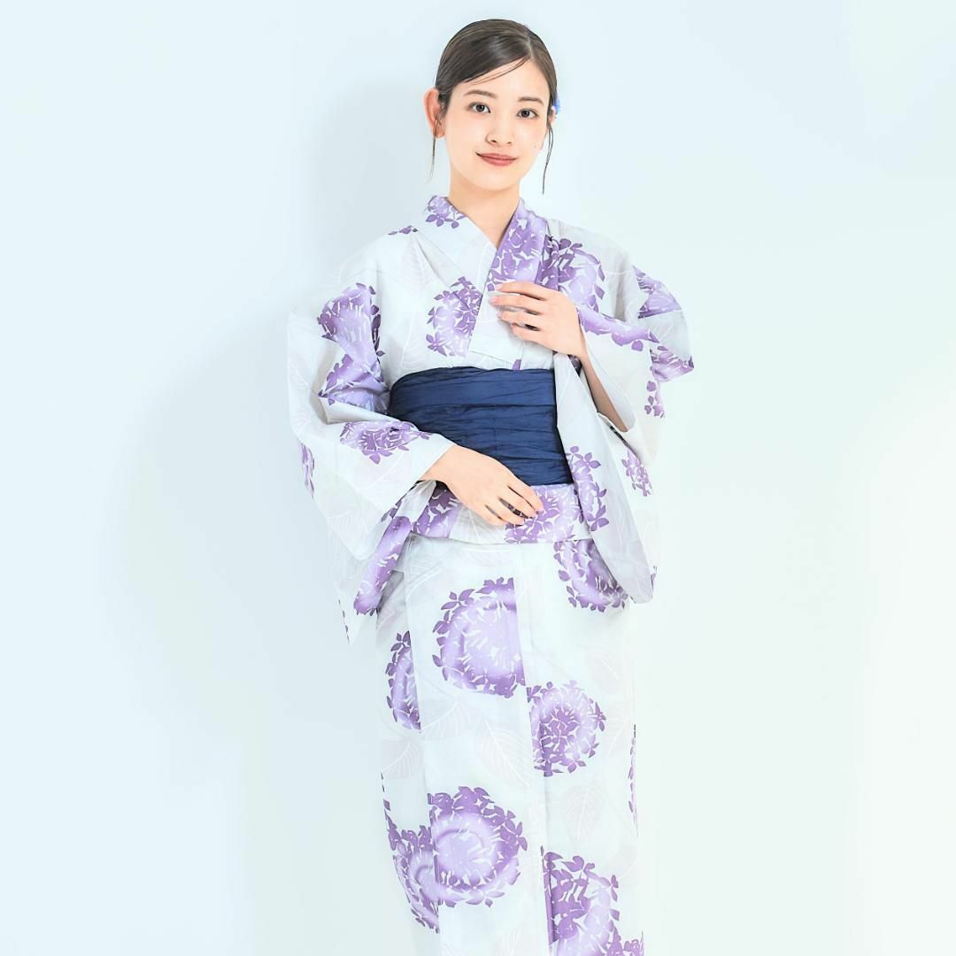【2点セット】浴衣 兵児帯付き レディース 白 紫 紫陽花 あじさい km3