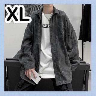 【大人気】 チェック柄  ビッグシャツ　長袖　柄シャツ　XL　カジュアル　黒(シャツ)