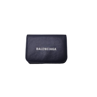 Balenciaga - BALENCIAGA バレンシアガ 三つ折り財布 ミニウォレット ブランドロゴ カーフ ネイビー ホワイト 美品 中古 62842