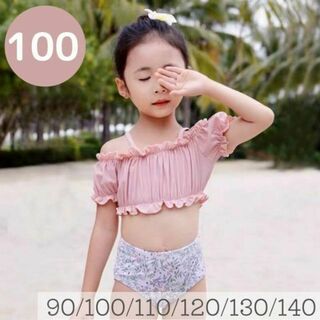 ピンク×小花柄　100cm パフスリーブ　スイムウェア　水着　韓国子供服　女の子(水着)