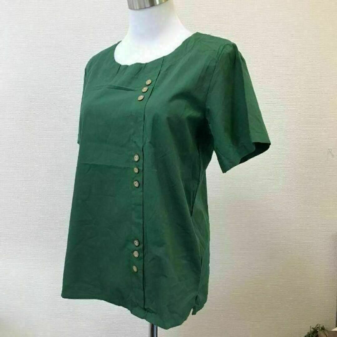半袖Tシャツ ボタン グリーン カットソー コットン素材 大きいサイズ レディースのトップス(Tシャツ(半袖/袖なし))の商品写真
