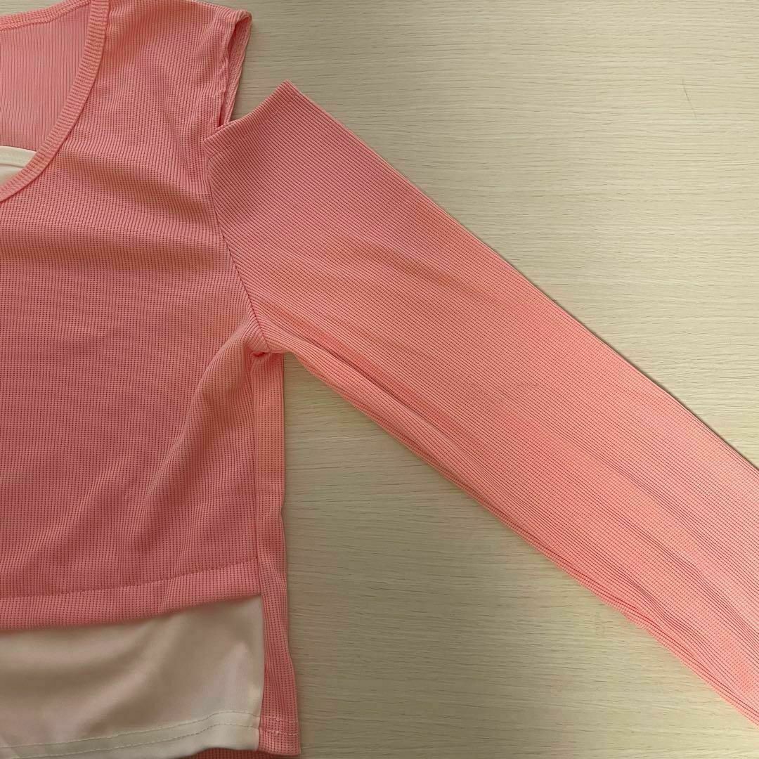 【訳アリ】　ピンク　重ね着　レイヤード 風 カットソー　Tシャツ　ダンス　ヨガ レディースのトップス(カットソー(長袖/七分))の商品写真