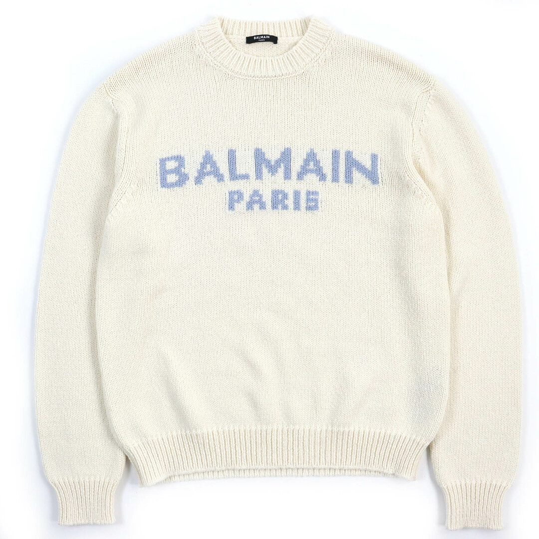 BALMAIN(バルマン)の極美品△BALMAIN バルマン KD000KB13 ウール100％ ロゴインターシャ ロングスリーブ ニット セーター オフホワイト ライトブルー S イタリア製 メンズ メンズのトップス(ニット/セーター)の商品写真