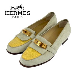 エルメス(Hermes)のエルメス HERMES ローファー 革靴 靴 シューズ スエード レザー ベージュ系 イエロー ゴールド モカシン フラットシューズ ケリー金具 リザード(ローファー/革靴)