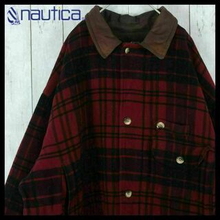 NAUTICA - 【希少】ノーティカ 90s ウールジャケット チェック柄 襟レザー 中綿 XL
