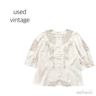 VINTAGE - used vintage バテンレース 刺繍 パフスリーブ 前開き ブラウス