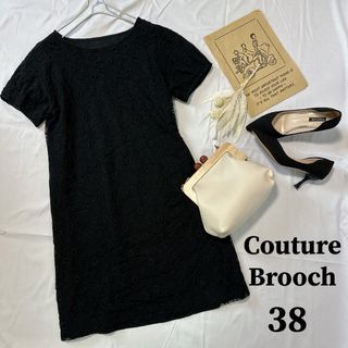 クチュールブローチ(Couture Brooch)のクチュールブローチ カットワーク 半袖 ワンピース 黒 花柄 レース 4d43(ひざ丈ワンピース)