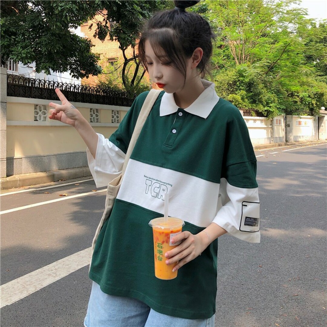 ポロシャツ ビッグシルエット 韓国 夏服 レディース カジュアル XL レディースのトップス(ポロシャツ)の商品写真