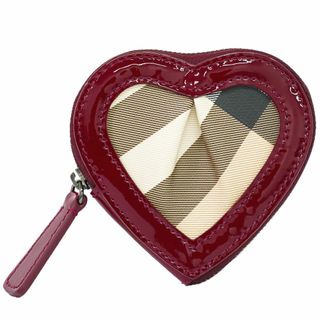 BURBERRY - 本物 バーバリー BURBERRY チェック ハート型 コインケース 小銭入れ PVC パテントレザー ベージュ ボルドー 財布 ウォレット 中古