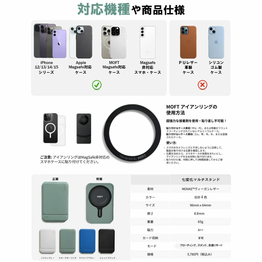 【色: スモークターコイズ】MOFT 七変化マルチスタンド 全機種対応アイアンリ スマホ/家電/カメラのスマホアクセサリー(その他)の商品写真