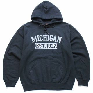 MICHIGAN EST.1837 スウェットパーカー 黒 M★オールド カレッジ ミシガン ひび割れプリント フーディー ブラック(パーカー)