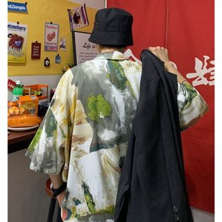 【無料配送】　デザインシャツ　上着　花柄　アート　ゆったり　L　メンズ(シャツ)