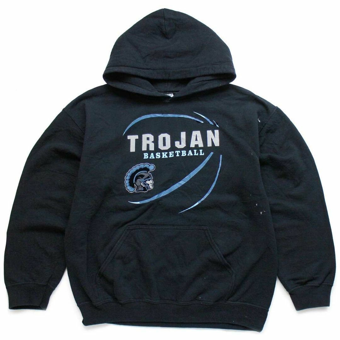 GILDAN(ギルタン)の00s TROJAN BASKETBALL スウェットパーカー ペンキ飛び 黒 M★オールド バスケットボール カレッジ スポーツ フーディー ブラック メンズのトップス(パーカー)の商品写真