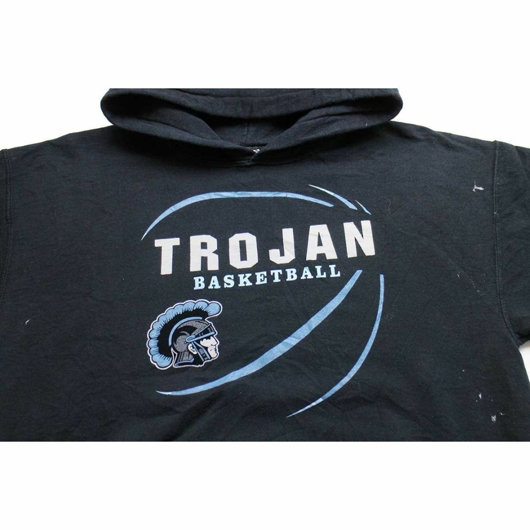 GILDAN(ギルタン)の00s TROJAN BASKETBALL スウェットパーカー ペンキ飛び 黒 M★オールド バスケットボール カレッジ スポーツ フーディー ブラック メンズのトップス(パーカー)の商品写真