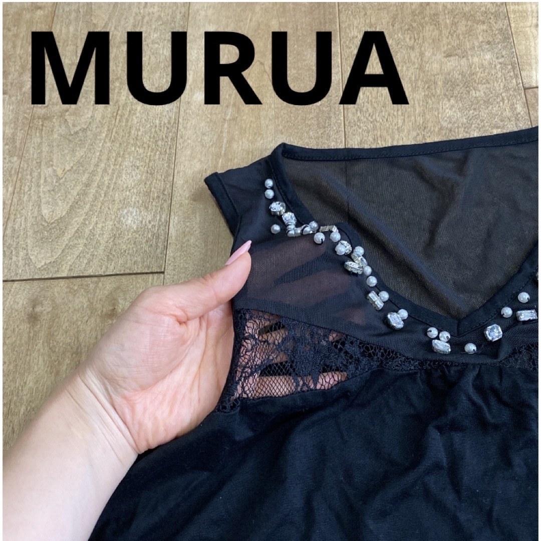 MURUA(ムルーア)のムルーア　シースルー　ビジュー　トップス　黒 レディースのトップス(タンクトップ)の商品写真
