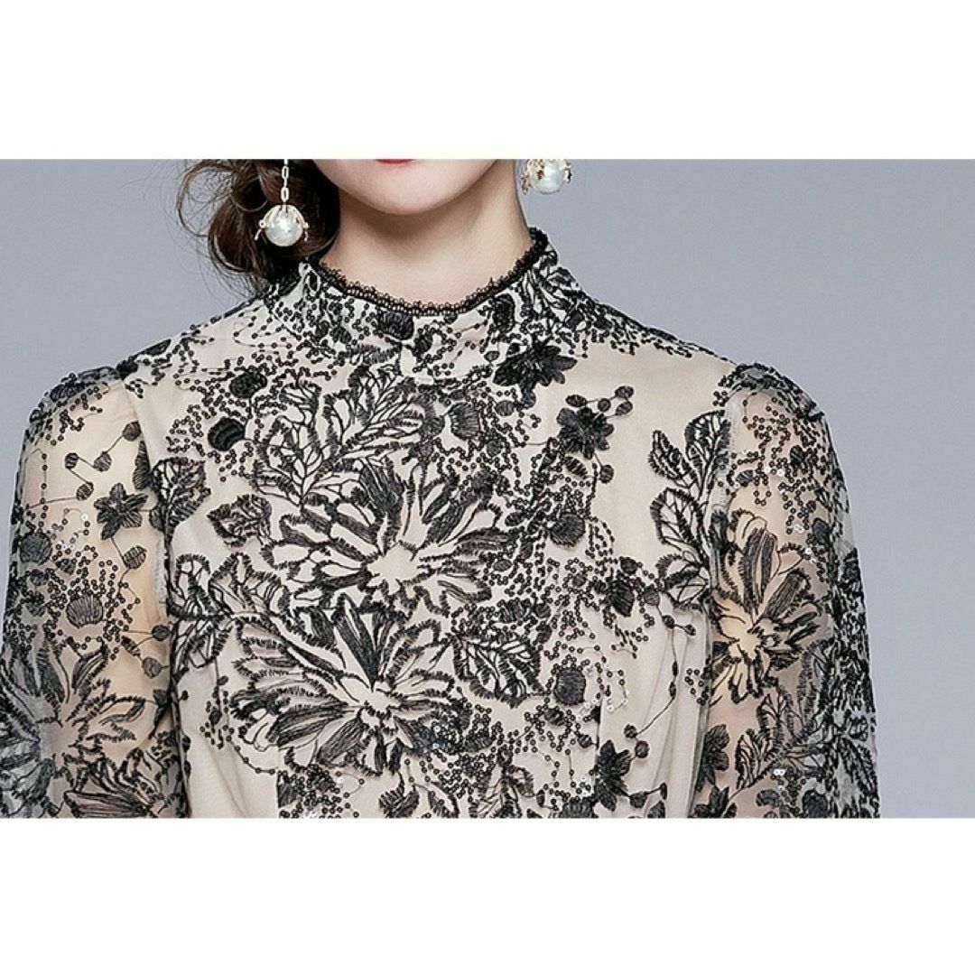 【残り2点】パーティードレス XL レース 刺繍 シフォン シースルー レディースのフォーマル/ドレス(ミディアムドレス)の商品写真