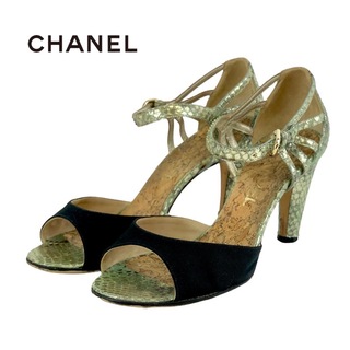 シャネル(CHANEL)のシャネル CHANEL サンダル 靴 シューズ メタリックレザー ファブリック グリーン ブラック ゴールド パイソン(サンダル)