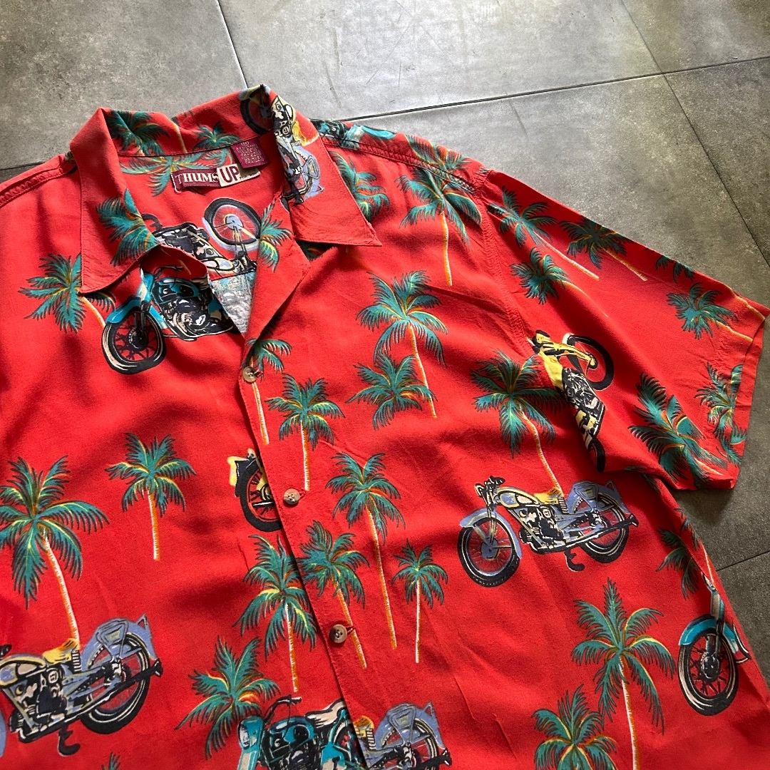 80s サムスアップ アロハシャツ レッドピンク M レーヨン製の