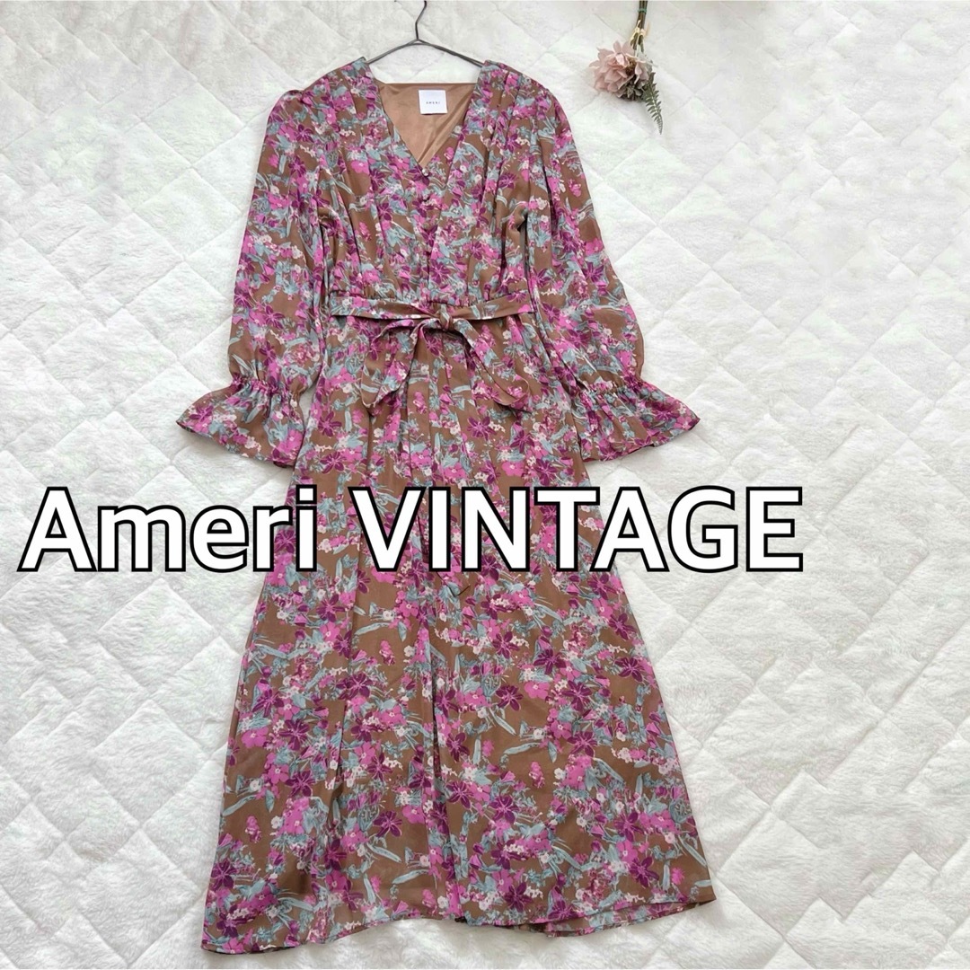 Ameri VINTAGE(アメリヴィンテージ)のAmeriアメリヴィンテージ　総花柄シフォンロングワンピース★ブラウンピンク レディースのワンピース(ロングワンピース/マキシワンピース)の商品写真