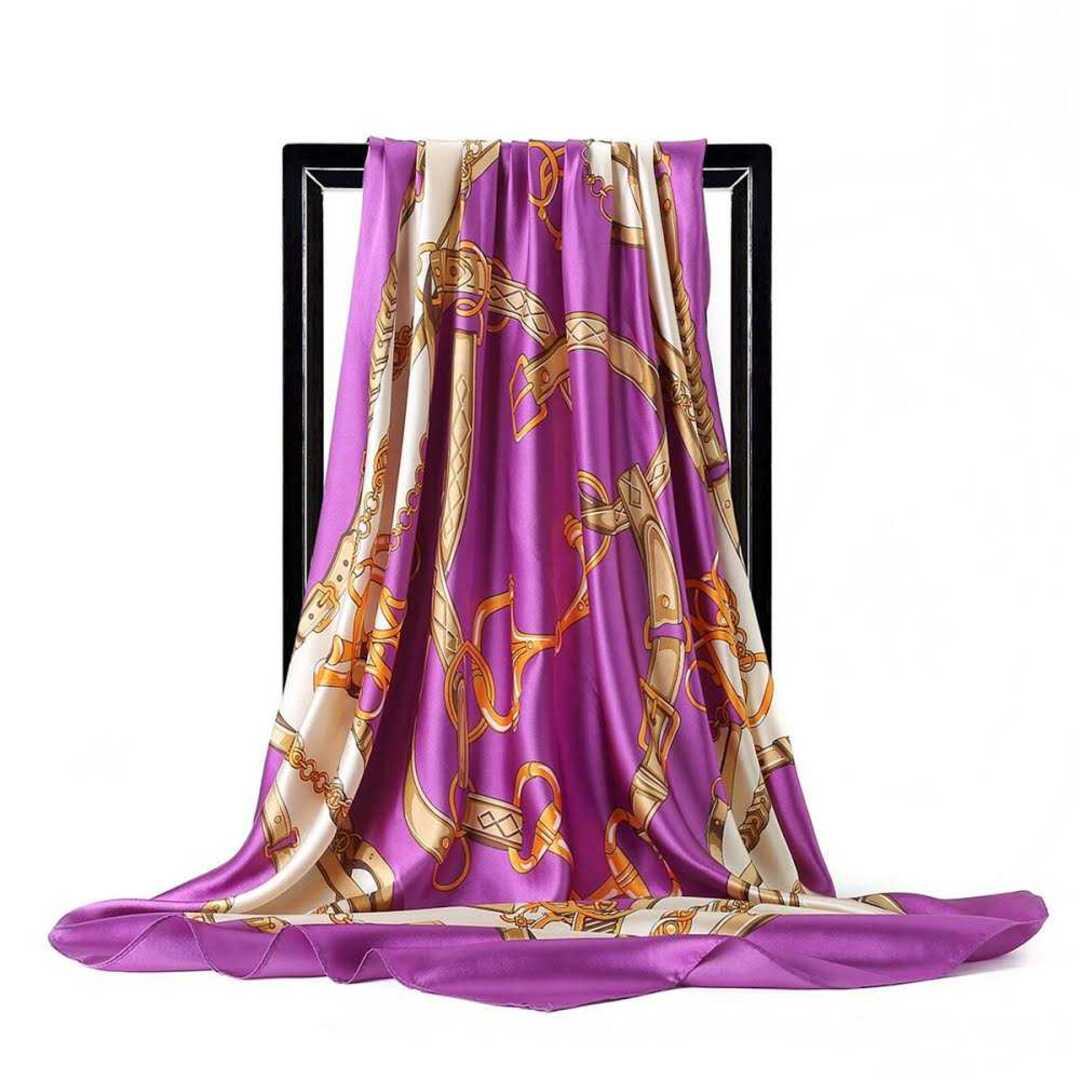 大判90cm×90cm シルク スカーフ ストール パープルゴールド14 レディースのファッション小物(バンダナ/スカーフ)の商品写真