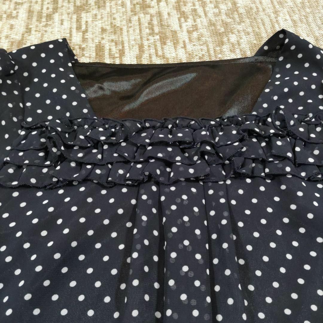 レディース✻袖透け　濃紺　水玉　長袖Ｔシャツ　М　襟元フリル レディースのトップス(Tシャツ(長袖/七分))の商品写真