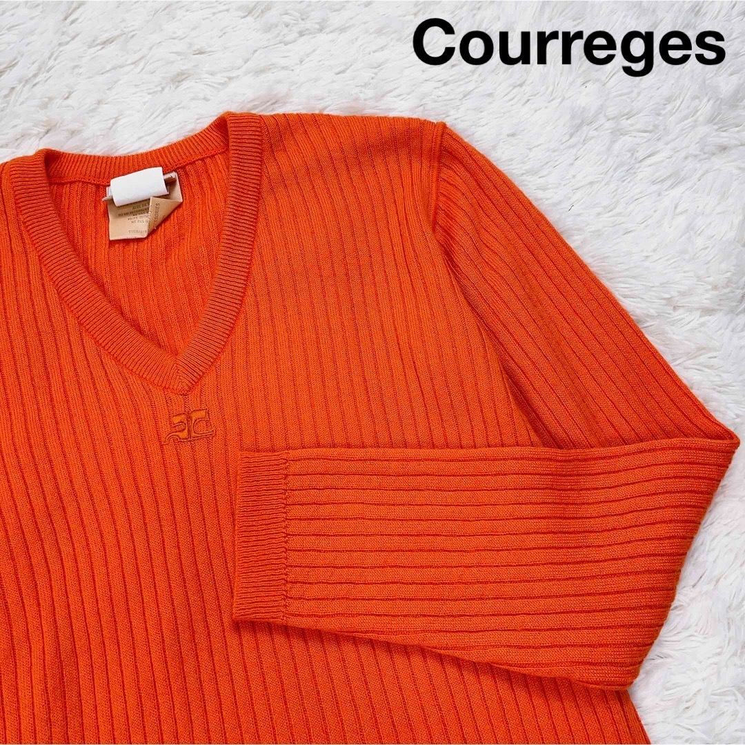 Courreges(クレージュ)のクレージュ 80's ヴィンテージ ロゴ リブニット Vネック オレンジ レディースのトップス(ニット/セーター)の商品写真