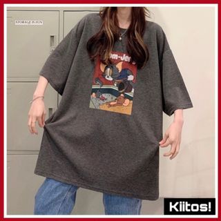 新品 トムとジェリー アメカジ プリント 半袖 Tシャツ ダークグレー ゆったり(Tシャツ(半袖/袖なし))