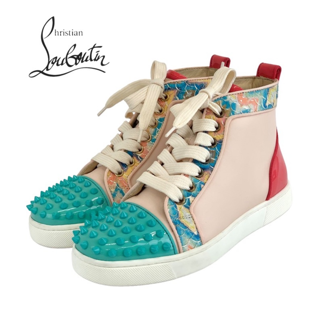 Christian Louboutin(クリスチャンルブタン)のクリスチャンルブタン Christian Louboutin スニーカー 靴 シューズ レザー パテント ピンク グリーン マルチカラー 未使用 ハイカットスニーカー スパイク スタッズ レディースの靴/シューズ(スニーカー)の商品写真