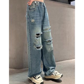 新品　122〜128サイズ　海外子供服　ダメージデニムパンツ　ワイドパンツ(パンツ/スパッツ)