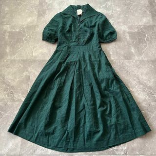 シビラ(Sybilla)のシビラ 円型総刺繍 パフスリーブ シャツワンピース 深緑 上品 Mサイズ(ロングワンピース/マキシワンピース)