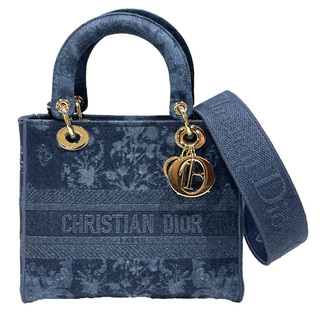 クリスチャンディオール(Christian Dior)のChristian Dior ハンドバッグ レディディオール ミディアム デニム フラワー エンブロイダリー キャンバス(ハンドバッグ)