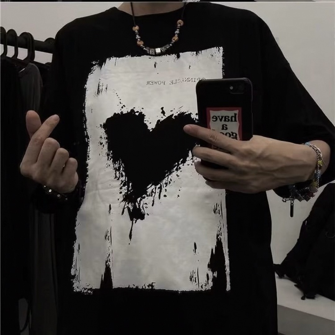 新品 ブラック ハート ユニセックス パンク ロック 半袖 Tシャツ 男女兼用 レディースのトップス(Tシャツ(半袖/袖なし))の商品写真