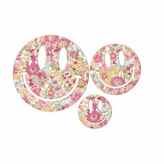 花柄生地 ピンク スマイリー アップリケ ワッペン 3枚セットアイロン接着可能(各種パーツ)