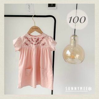 キッズ 子供 刺繍 ピンク フリル ワンピース ドレス 100 半袖 女の子(ワンピース)