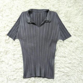 プリーツプリーズイッセイミヤケ(PLEATS PLEASE ISSEY MIYAKE)の美品　プリーツプリーズ　スキッパーシャツ　カットソー　ボタン　シャツ(シャツ/ブラウス(半袖/袖なし))