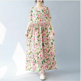 大きいサイズ レディース ロング　ワンピース　春夏 秋 新品 半袖　花柄(ロングワンピース/マキシワンピース)