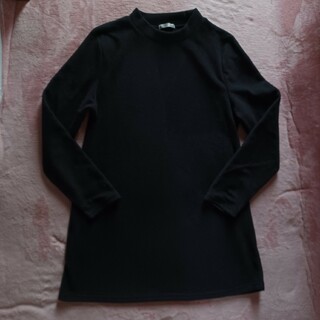 黒ブラックふんわり柔らか軽量暖かフリース長袖ハイネックロング丈チュニックTシャツ(チュニック)