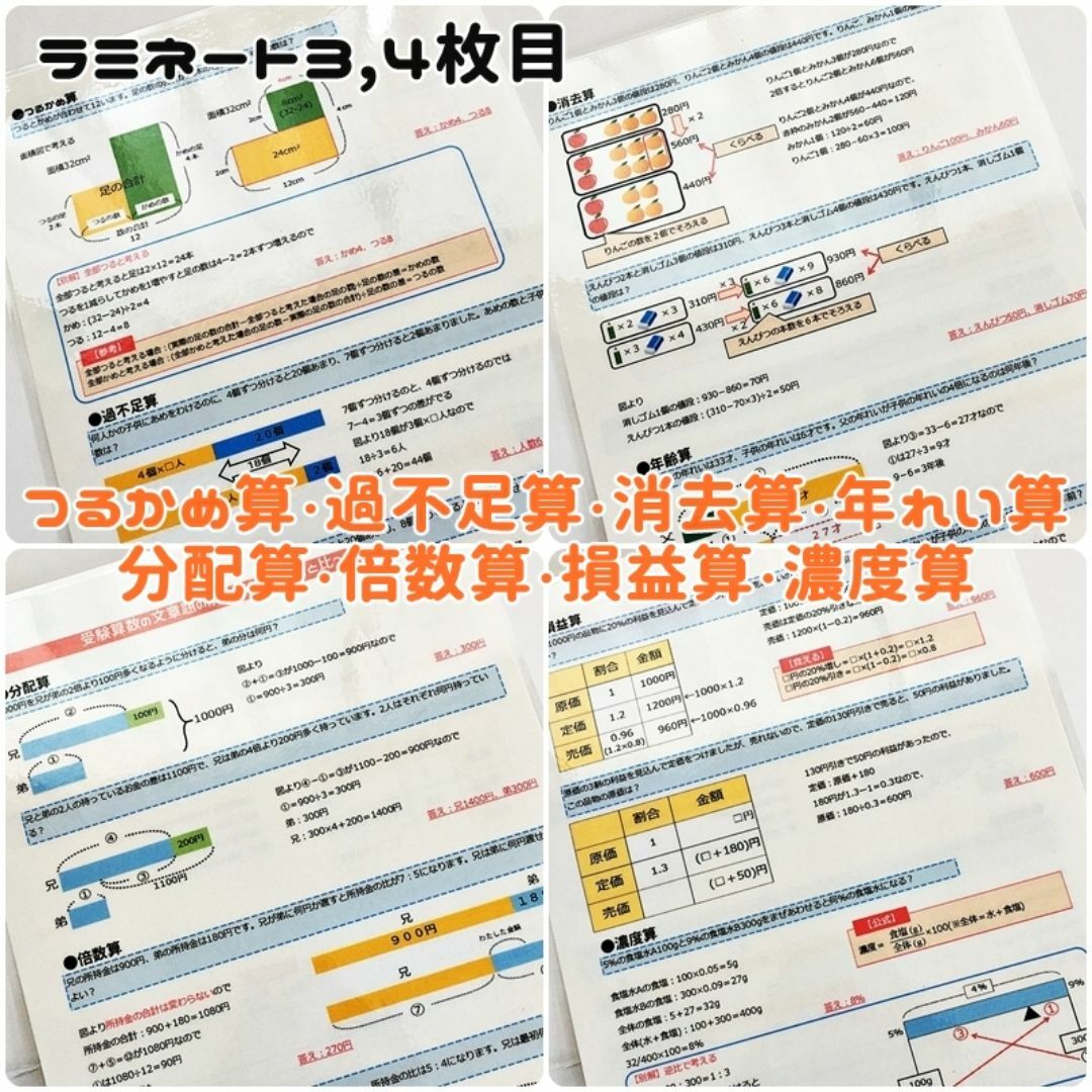 【011】中学受験算数　特殊算の文章題の解き方ラミネート　中学入試　小５、小6 エンタメ/ホビーの本(語学/参考書)の商品写真