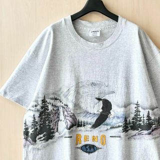 ヴィンテージ(VINTAGE)の90s USA製古着　ヴィンテージ　Tシャツ　大自然の空を舞うワシ　両面　霜降り(Tシャツ/カットソー(半袖/袖なし))